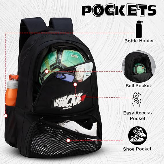 WHACKK Strike Black Soccer Football Basketball Volleyball Kitbag Backpack Soccer Ball (Black) - Image 2